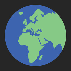 Globe vector icon flat emoji. Isolated world circle map showing the continents of Europe and Africa in green against blue ocean sign label design.