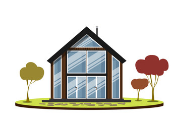 Modern wooden house in the village outside with large windows.