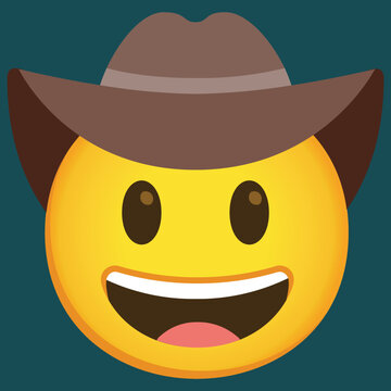 Cowboy Hat Face vector flat emoji. Isolated yellow smiley wearing a wide-brimmed, brown-leather cowboy hat sign design.