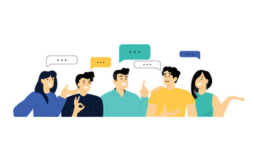 Men and women communicating. Group of people with speech bubbles talking. Flat vector illustration. Business discussion or meeting web banner