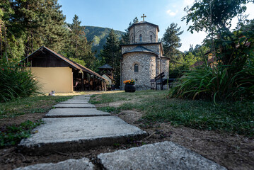 Fototapeta na wymiar Orthodox Christian Monastery. Serbian Monastery of John the Baptist (Manastir Jovanje). 13th century monastery located in Ovcar-Kablar gorge, Serbia, Europe