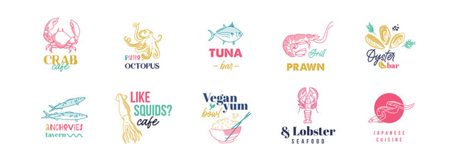 Colourful logo set with seafood for oyster bar, fish restaurant, tavern, bistro. Image with octopus, lobster, fish, anchovy, tuna, squid, prawn, shrimp, mussel. Vector illustration in hand drawn style