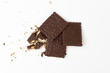 Broken Biscuit Coated in Dark Chocolate Isolated, Crumbled Square Cookies, Rectangular Shortbread Pieces