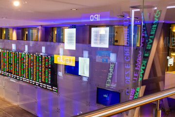 Sao Paulo, Brazil, November 22, 2022. Display with stock quotes in the modern visitor center of B3, Brasil, Bolsa, Balcao, in the headquarters of BOVESPA, Sao Paulo Stock Exchange, in downtown city