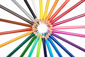 Close-up of a set of colored pencils arranged in a circle as if they were rays of the sun. Close-up on colored pencil tips. Shades of colors for art lovers.