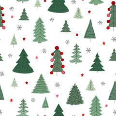 Winter seamless pattern with simple minimalist trees on white background.