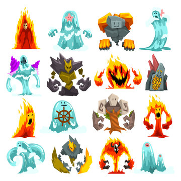 Set of monsters. Funny fearsome fire, stone and water mythical creatures cartoon vector illustration