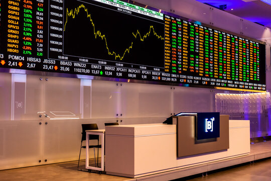 Sao Paulo, Brazil, November 22, 2022. Display with stock quotes in the modern visitor center of B3, Brasil, Bolsa, Balcao, in the headquarters of BOVESPA, Sao Paulo Stock Exchange, in downtown city
