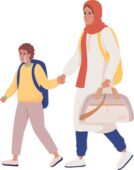 Mom with boy running away from shelling semi flat color raster characters. Crying figures. Full body people on white. Simple cartoon style illustration for web graphic design and animation