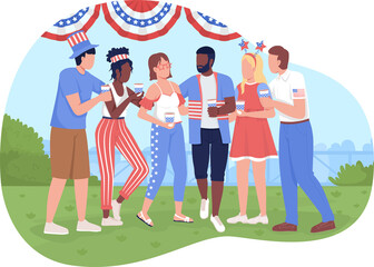 July fourth celebration party 2D raster isolated illustration. Happy friends at Independence day flat characters on cartoon background. Holiday colourful scene for mobile, website, presentation