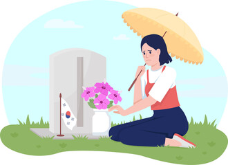 Memorial day in Korea 2D raster isolated illustration. Upset woman with flowers on grave flat character on cartoon background. Fallen soldiers colourful scene for mobile, website, presentation