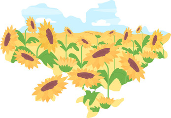 Map of Ukraine and sunflowers 2D raster isolated illustration. National Independence day flat objects on cartoon background. Ukrainian patriotism colourful scene for mobile, website, presentation