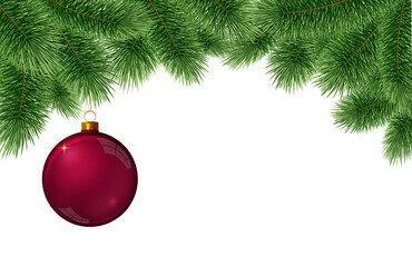 Christmas ball hanging on fir tree branch isolated.