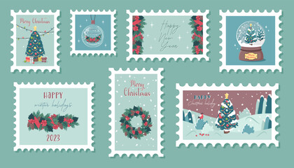 Set of Christmas postage stamps. Variety of winter holiday postmarks. Cute paper mail stickers with Christmas wreath, trees, gifts, birds, snow glass ball, greeting text. Vector flat illustration.