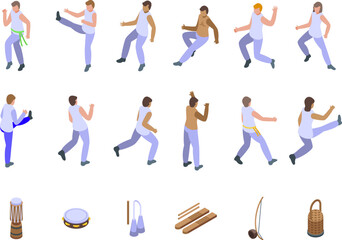 Capoeira icons set isometric vector. Brazil acrobatic. Sport fitness