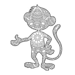 Zentangle monkey mandala coloring page for adults christmas monkey and floral animal coloring book isolated on white background antistress coloring page vector illustration
