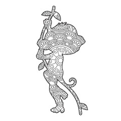 Zentangle monkey mandala coloring page for adults christmas monkey and floral animal coloring book isolated on white background antistress coloring page vector illustration