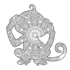 Zentangle monkey mandala coloring page for adults christmas monkey and floral animal coloring book isolated on white background antistress coloring page vector illustration