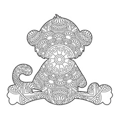 Zentangle monkey mandala coloring page for adults christmas monkey and floral animal coloring book isolated on white background antistress coloring page vector illustration