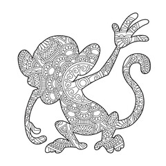 Zentangle monkey mandala coloring page for adults christmas monkey and floral animal coloring book isolated on white background antistress coloring page vector illustration