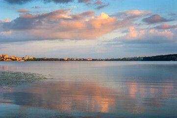 landscape with lake water and beautiful clouds in the evening sky of Ternopil, Ukraine