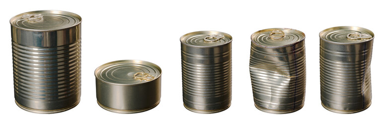 Metal cans with minced meat on an isolated background.