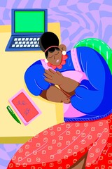 Young black-haired man sleeps on top of a desk while working on his mobile devices