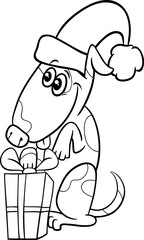 cartoon dog character with Christmas gift coloring page