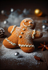 Gingerbread man on festive Christmas table.
