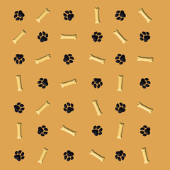 Canine concept pattern, footprints and bones for pets on brown background