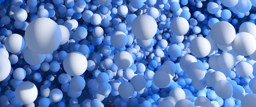 3d Render: White sphere particles floating in blue. Widescreen 8k - 7680x3200. Original artwork, Non-ai.