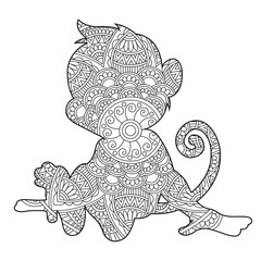 Zentangle monkey mandala coloring page for adults christmas monkey and floral animal coloring book isolated on white background antistress coloring page vector illustration