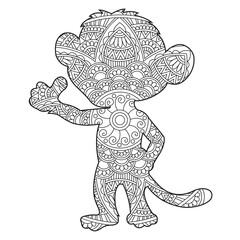 Obraz premium Zentangle monkey mandala coloring page for adults christmas monkey and floral animal coloring book isolated on white background antistress coloring page vector illustration