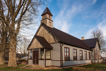 Fototapeta na wymiar Mezgalciems baptist church in sunny winter day, Latvia.
