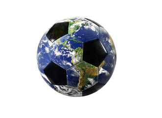 Close-up of traditional football ball with world map provided by nasa