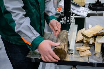 Professional man carpenter using electric bandsaw tool, cutting piece of wood at workshop. Design, carpentry, equipment, craftsmanship, industrial, woodwork and manufacturing concept