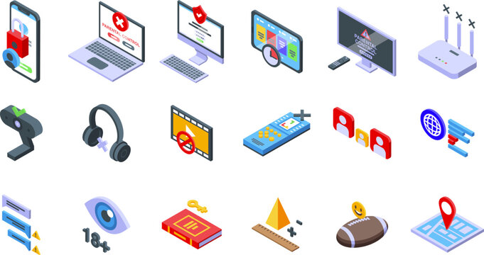 Parental control icons set isometric vector. Family app. Child security