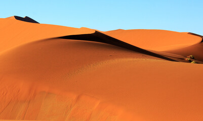 Close up of a bright orange sand dune showing the ripples in the sand caused by the wind, with a natural pale blue sky