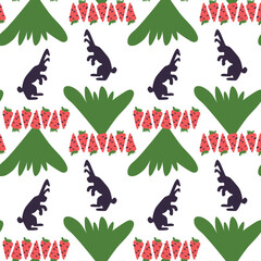 Seamless pattern for printing on textiles and packaging. Carrot in cartoon style on a white background. A dietary healthy vegetable that rabbits love. Silhouettes of rabbits reaching for a carrot.