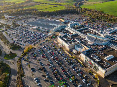 Aerial view over White Rose Shopping Centre and car park