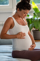 Fototapeta na wymiar Pregnant woman holding stomach in living room