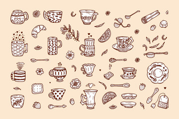 Hand Drawn doodle Coffee Cups or Tea Cups and Different additives for tea drinking - Vector Set
