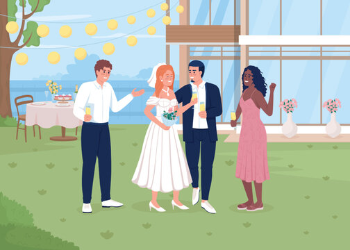 Celebrating wedding event in backyard flat color vector illustration. Happy newlyweds with friends. Fully editable 2D simple cartoon characters with building and garden on background