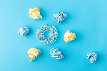 Concept of messy and chaos office desk blue and yellow