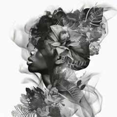 Double exposure portrait attractive african american woman flowers, leaves. illustration © liliya