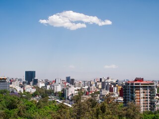 Cityscape of Mexico City under a blue sky