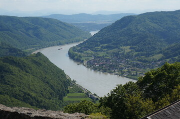 Wonderful view to danube river between hills and mountains with green forest. View from castle aggstein. Lower Austria, Austria