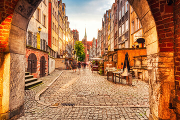 Famous Mariacka Street in a Golden Light with Basilica of St. Mary in the Background, Gdansk