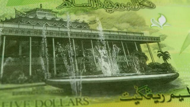 Brunei Brunei Dollar 5 Banknotes, Five Brunei Dollar, Close-up and macro view of the Brunei Dollar, Tracking and Dolly Shots 5 Brunei Dollar banknote Observe and Reserve Side, Brunei Dollar Money