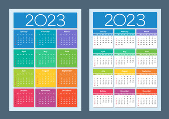 Colorful calendar for 2023 year. Week starts on Sunday. Vertical. Isolated vector illustration.